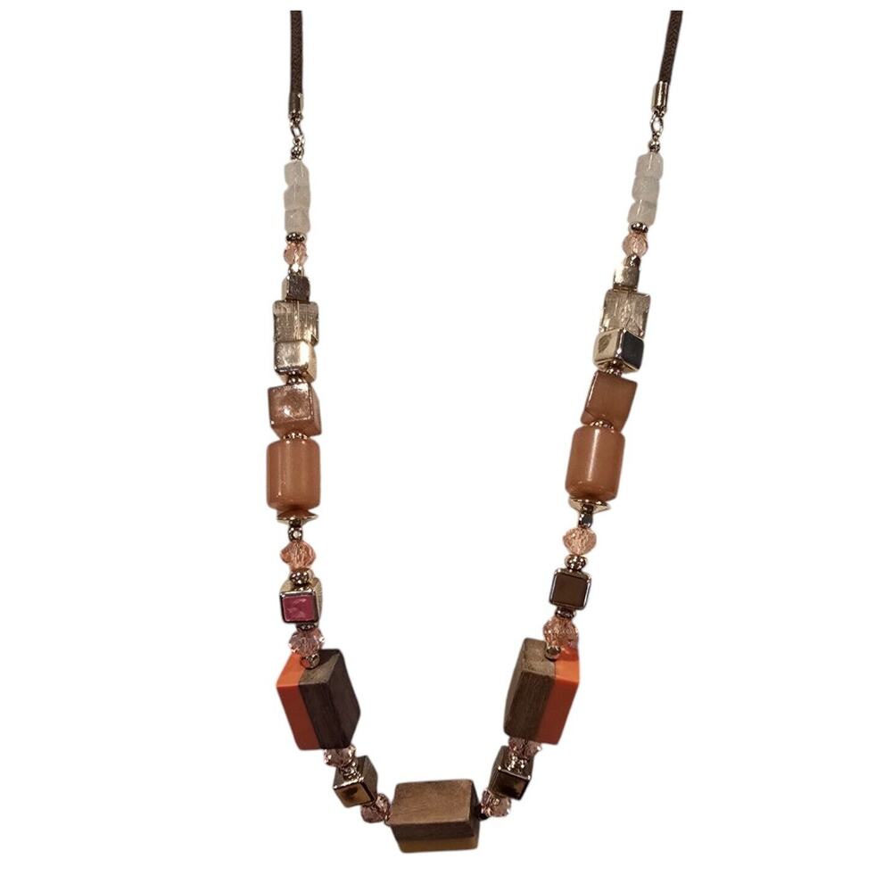 Necklace LOFT Beaded Wood Acrylic Earth Tones Geometric Brown Cord 32 Inch